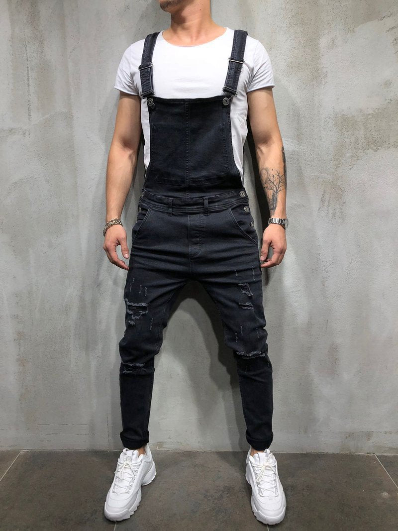 Men's Skinny Fit Distressed Denim Overalls