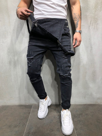 Men's Skinny Fit Distressed Denim Overalls