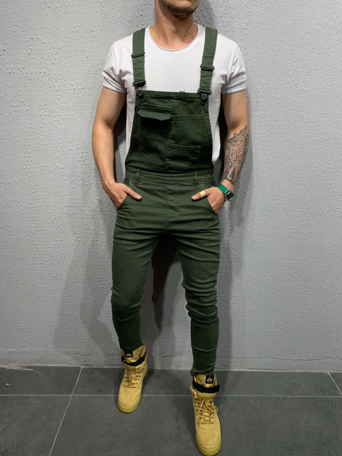 Men's Skinny Fit Flap Pocket Denim Overalls