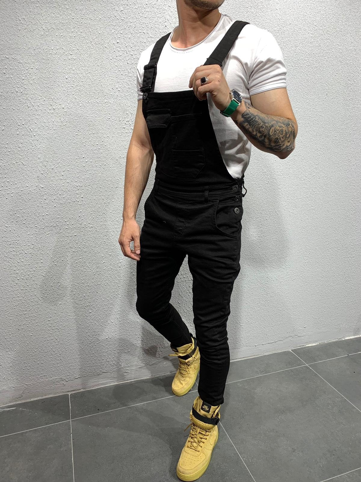 Men's Skinny Fit Flap Pocket Denim Overalls