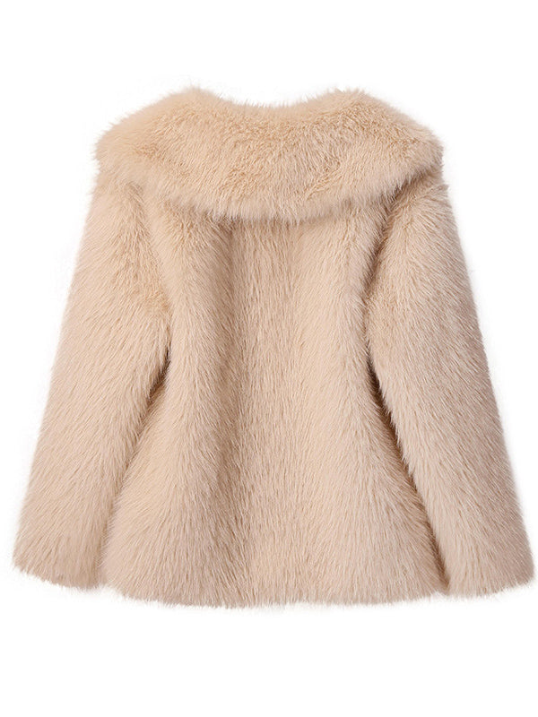 Loose Lapel Long Sleeve V-neck Faux Fur Coat