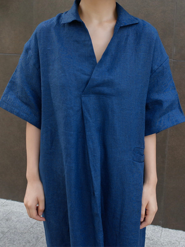 Loose Cotton and Linen V-Neck Shirt Dress