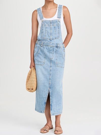 Front Slit Denim Overall Dress