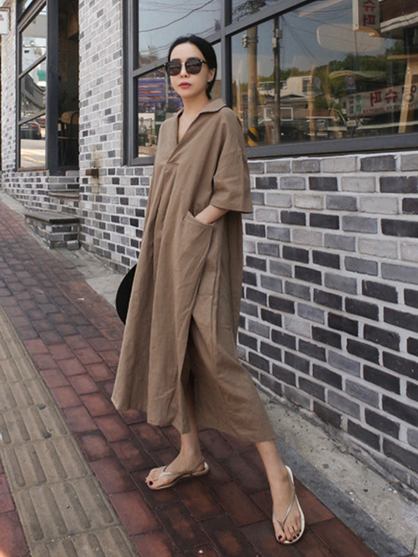 Loose Cotton and Linen V-Neck Shirt Dress