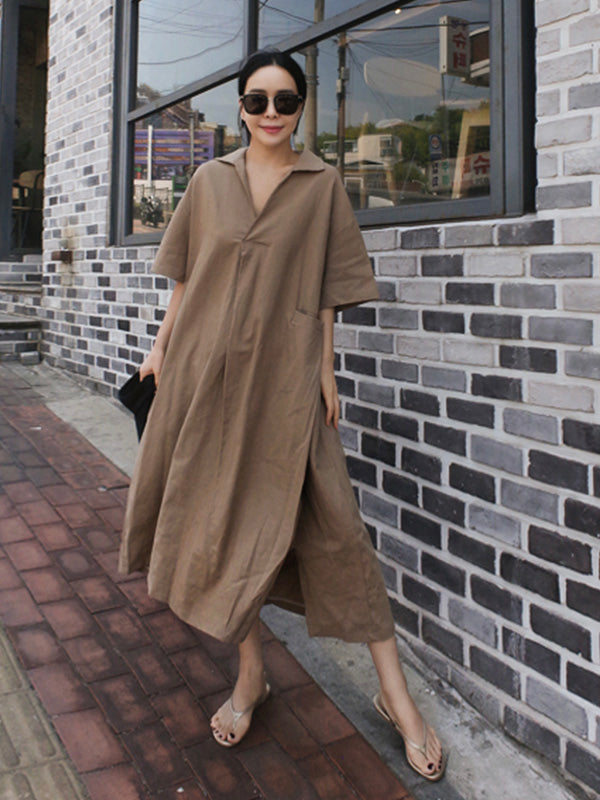 Loose Cotton and Linen V-Neck Shirt Dress