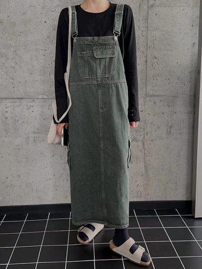 Vintage-Inspired Cargo Denim Overall Dress