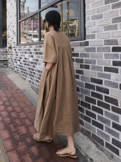 Loose Cotton and Linen V-Neck Shirt Dress