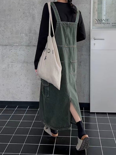 Vintage-Inspired Cargo Denim Overall Dress