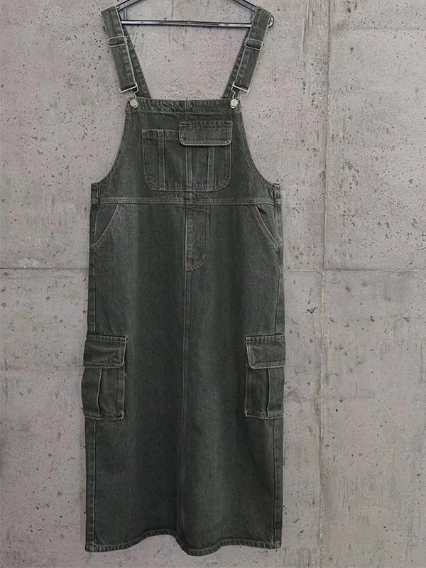 Vintage-Inspired Cargo Denim Overall Dress