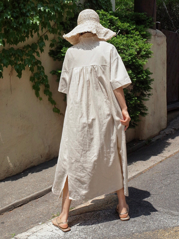 Loose Cotton and Linen V-Neck Shirt Dress