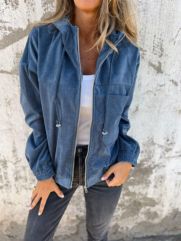 Women's Casual Corduroy Zip-Up Hooded Jacket