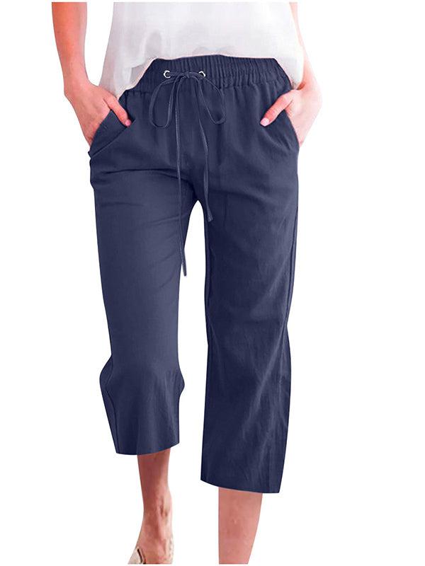 Solid Color Drawstring Casual Straight Cropped Pants