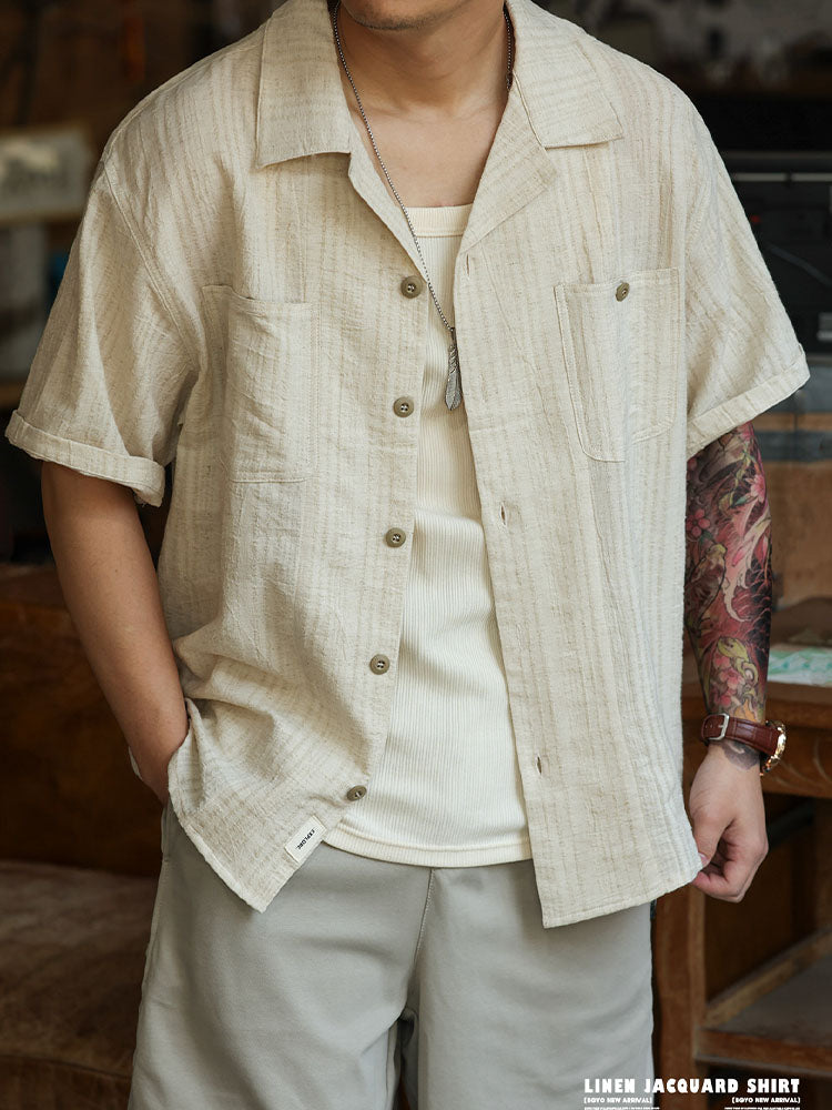 Men's Cotton-Linen Blend Short-Sleeve Jacquard Shirt