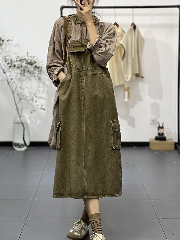 Vintage-Inspired Cargo Denim Overall Dress