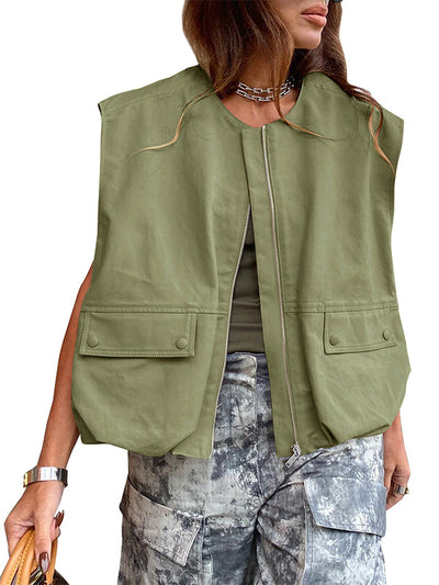 Women's Casual Zip Up Vest Cargo Oversized Jackets