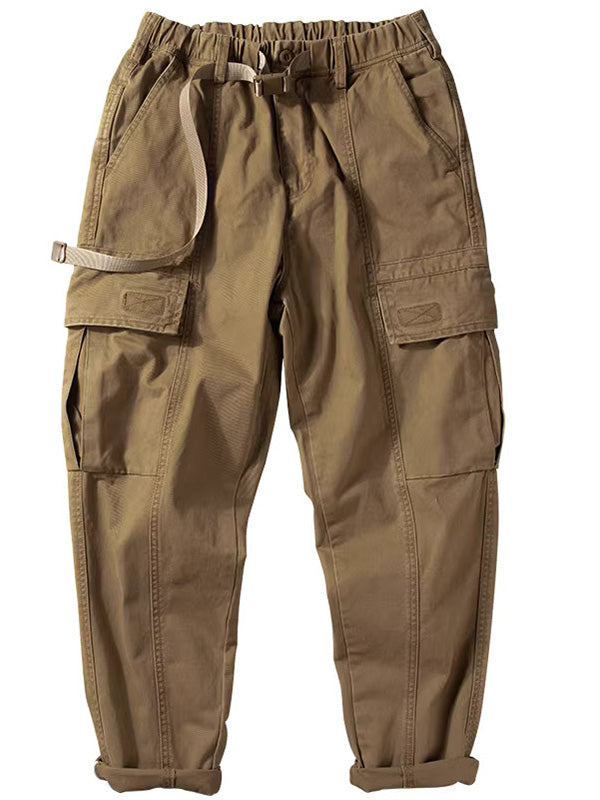 Washed Elastic Waistband Multi-pocket Cargo Pants