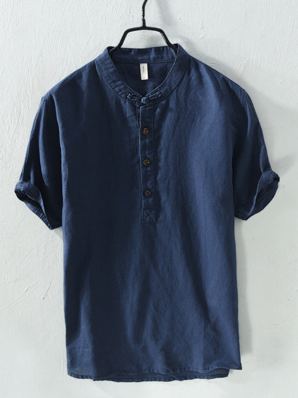 Men's Cotton And Linen Blended Stand Collar Short-sleeved T-shirt