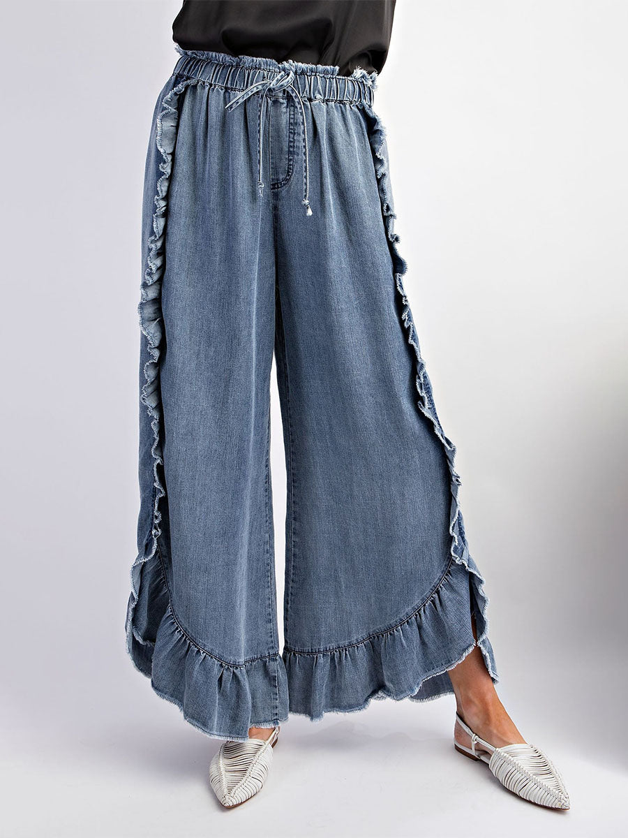 Loose Fit Drawstring Ruffle Wide Leg Denim Pants