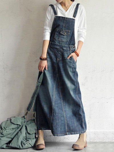 Causal Vintage-Inspired Back Slit Denim Overall Dress