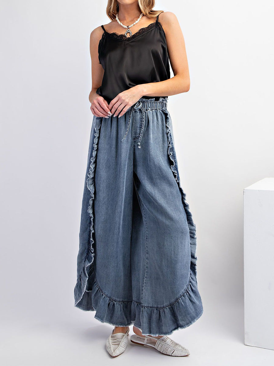 Loose Fit Drawstring Ruffle Wide Leg Denim Pants