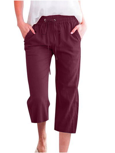 Solid Color Drawstring Casual Straight Cropped Pants