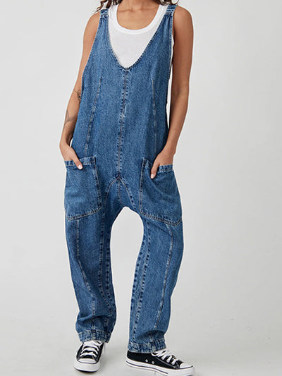 V-neck Suspender Denim Jumpsuit