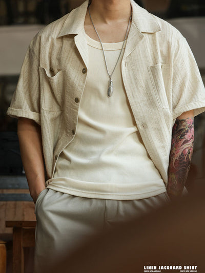 Men's Cotton-Linen Blend Short-Sleeve Jacquard Shirt