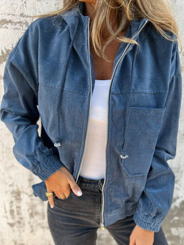 Women's Casual Corduroy Zip-Up Hooded Jacket