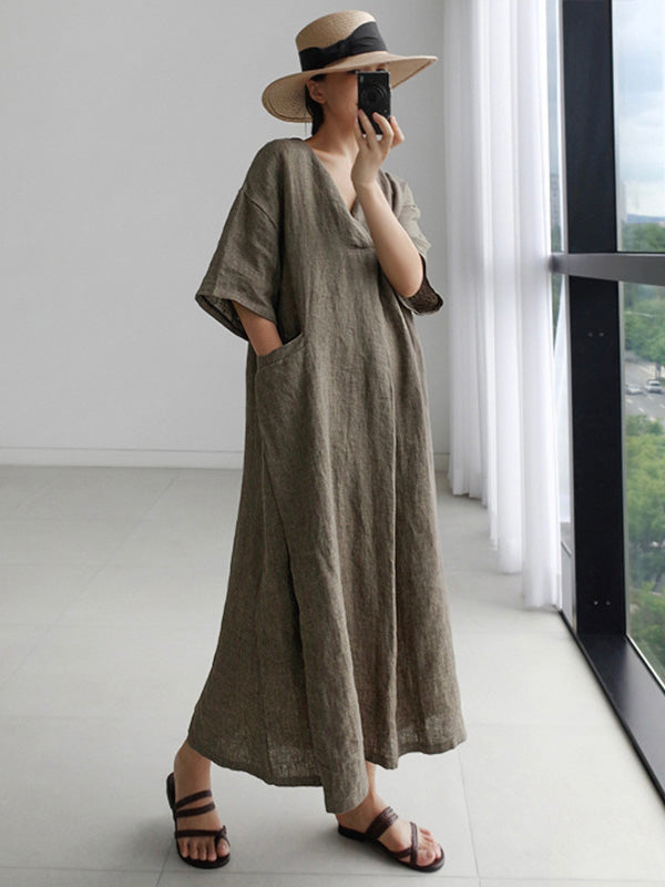 Loose Cotton and Linen V-Neck Shirt Dress