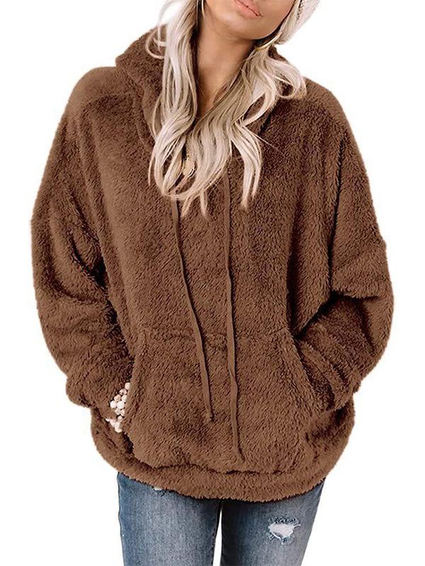 Long Sleeve Plush Pullover Loose Drawstring Hoodie with Pockets