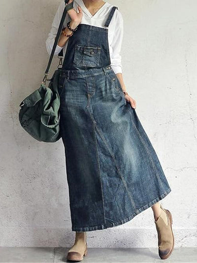 Causal Vintage-Inspired Back Slit Denim Overall Dress