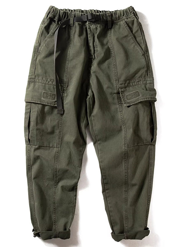 Washed Elastic Waistband Multi-pocket Cargo Pants