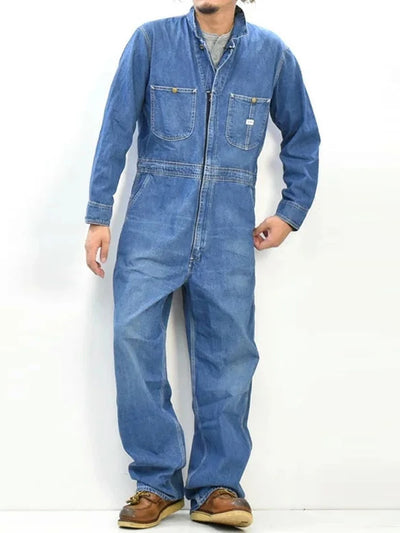 Men's Zipper Multi Pocket Long Sleeve Denim Coveralls