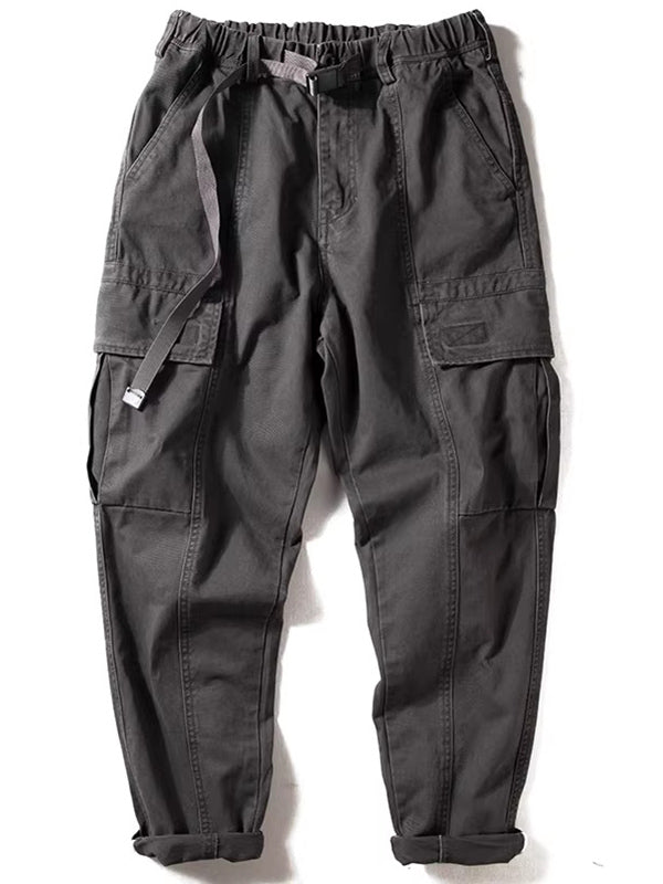 Washed Elastic Waistband Multi-pocket Cargo Pants