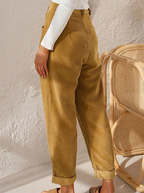 Women's High Waisted Straight Leg Corduroy Pants with Pockets