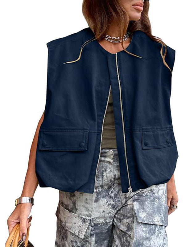 Women's Casual Zip Up Vest Cargo Oversized Jackets