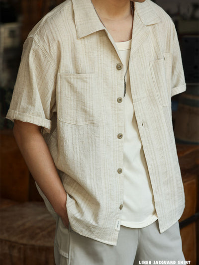 Men's Cotton-Linen Blend Short-Sleeve Jacquard Shirt