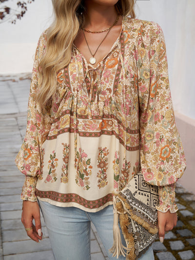 Boho Floral Print Tie-Neck Blouse