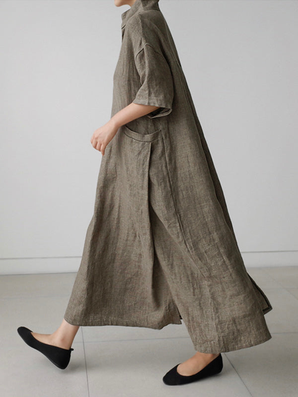 Loose Cotton and Linen V-Neck Shirt Dress