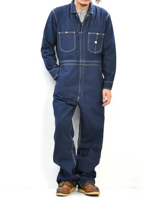 Men's Zipper Multi Pocket Long Sleeve Denim Coveralls