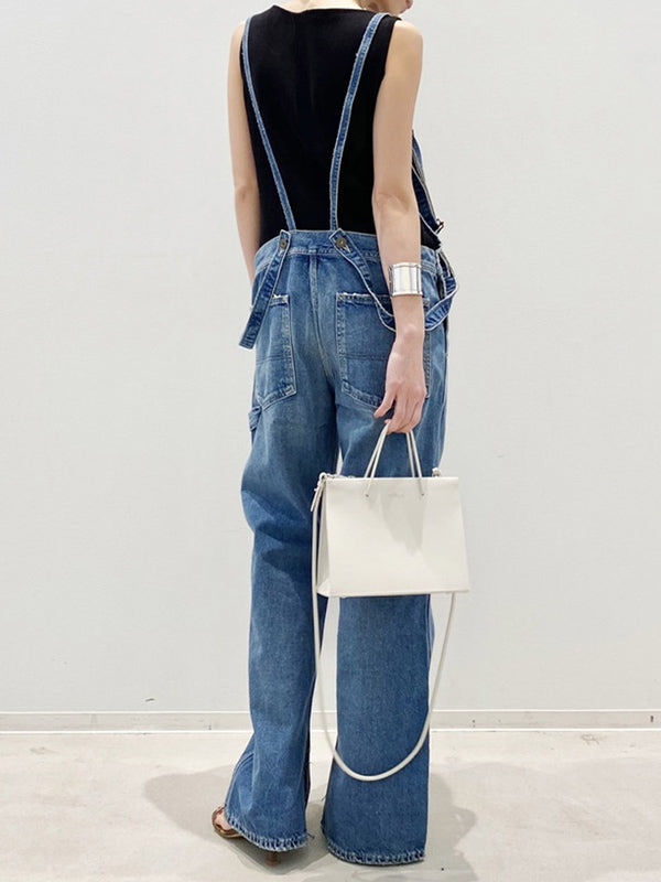 Double-Strap Denim Overalls with Side Bottom Splits