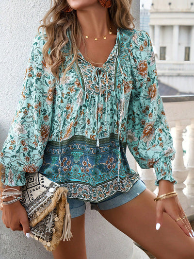 Boho Floral Print Tie-Neck Blouse