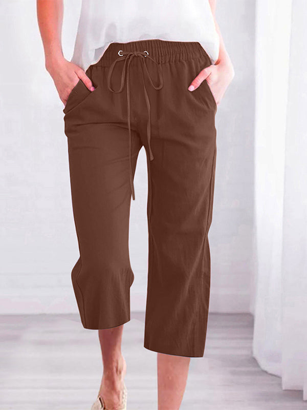 Solid Color Drawstring Casual Straight Cropped Pants