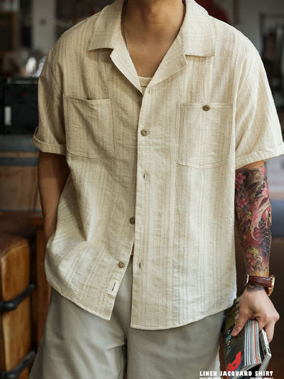 Men's Cotton-Linen Blend Short-Sleeve Jacquard Shirt