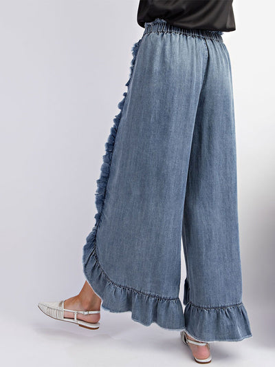 Loose Fit Drawstring Ruffle Wide Leg Denim Pants