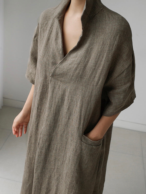 Loose Cotton and Linen V-Neck Shirt Dress