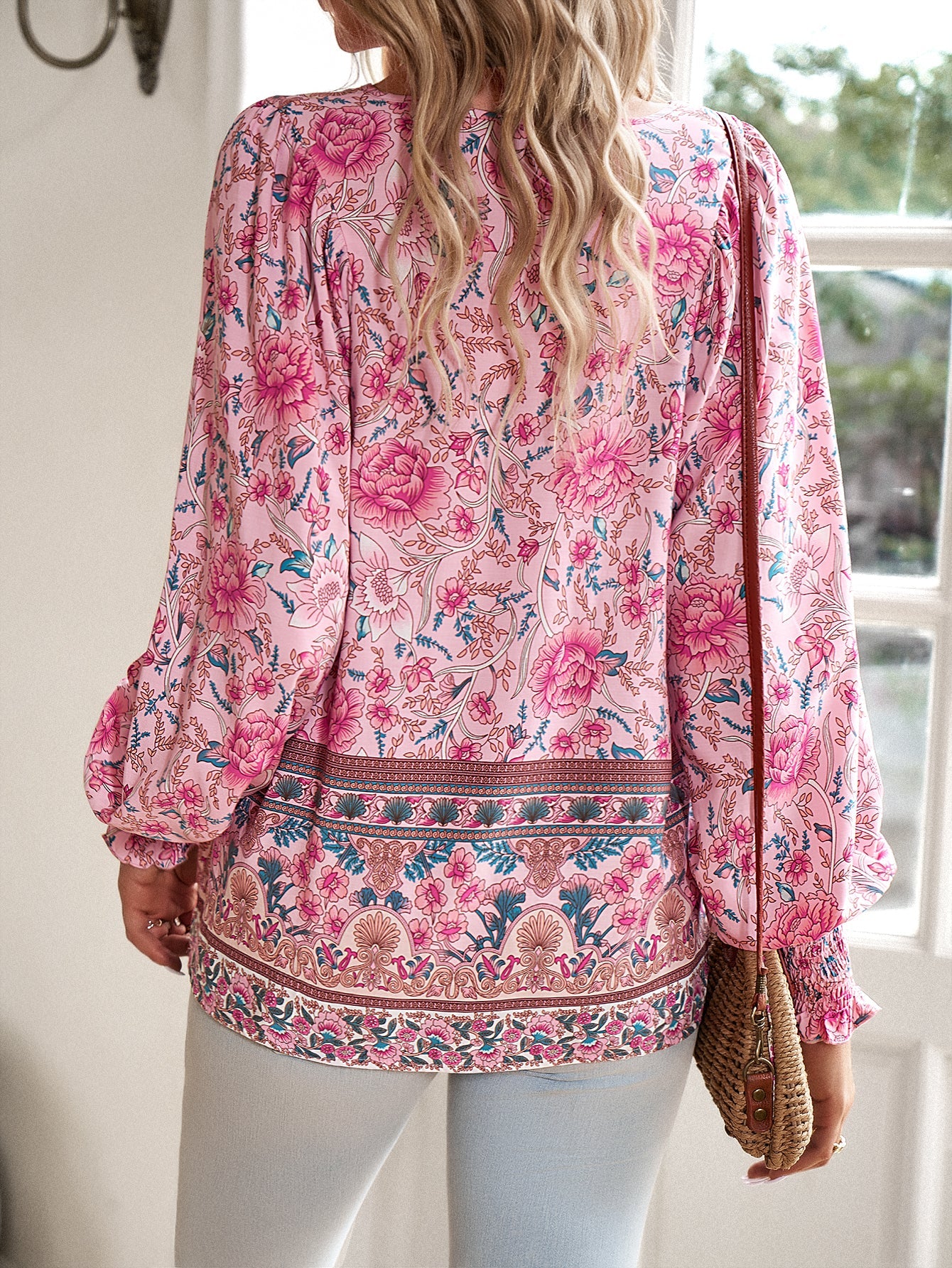 Boho Floral Print Tie-Neck Blouse