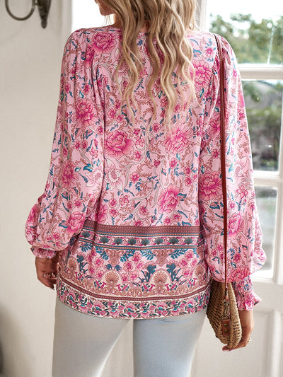 Boho Floral Print Tie-Neck Blouse