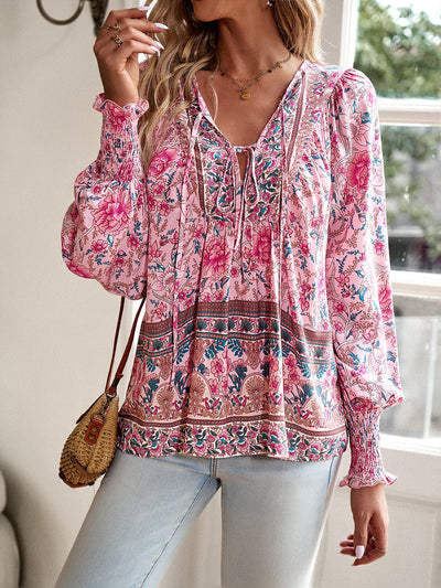 Boho Floral Print Tie-Neck Blouse