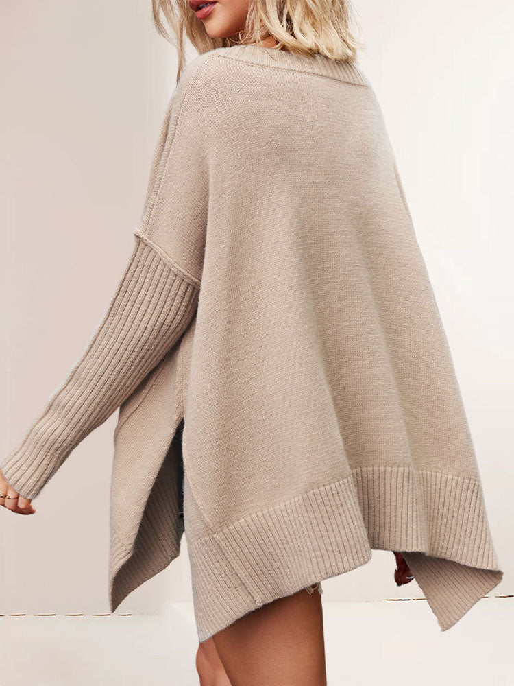 Women's V-Neck Asymmetrical Hem Oversized Sweater